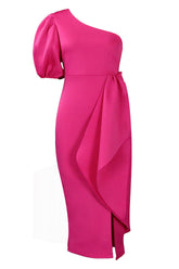 Fuchsiafarbenes One-Shoulder-Midi-Party-Cocktailkleid